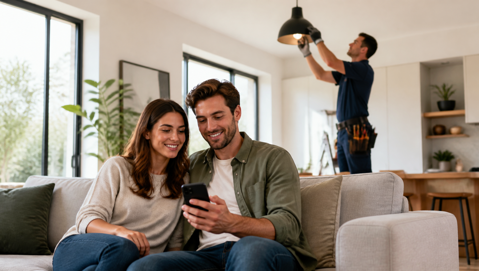 Coppia sul divano che usa lo smartphone mentre un professionista installa un lampadario in casa